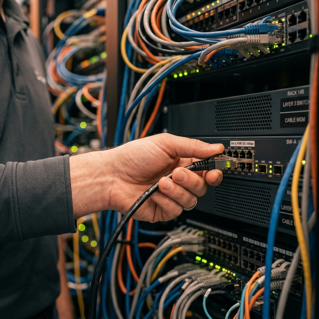 Hand steckt ein Netzwerkkabel in einen Server-Switch, im Hintergrund unscharf viele Kabel