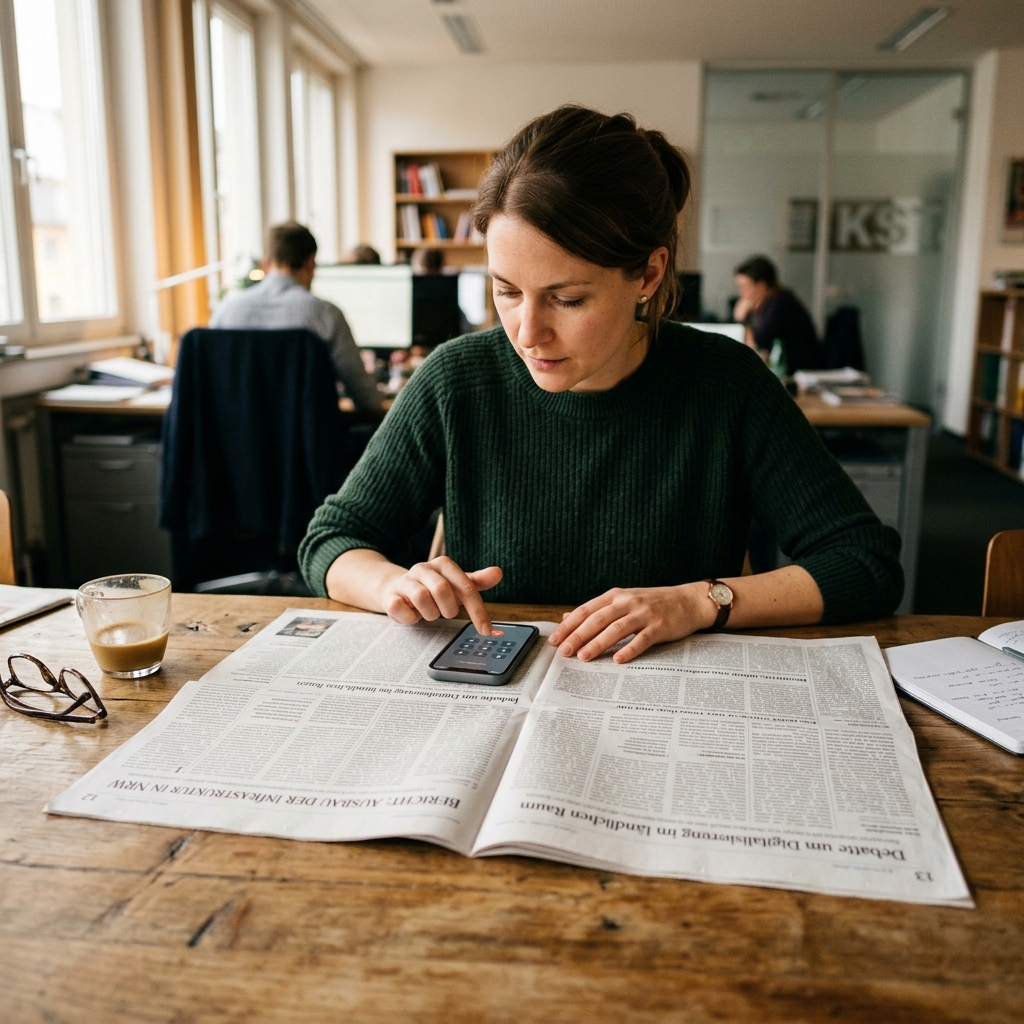 Person sitzt konzentriert an einem Holztisch, hält eine Zeitung und wählt eine Nummer am Smartphone